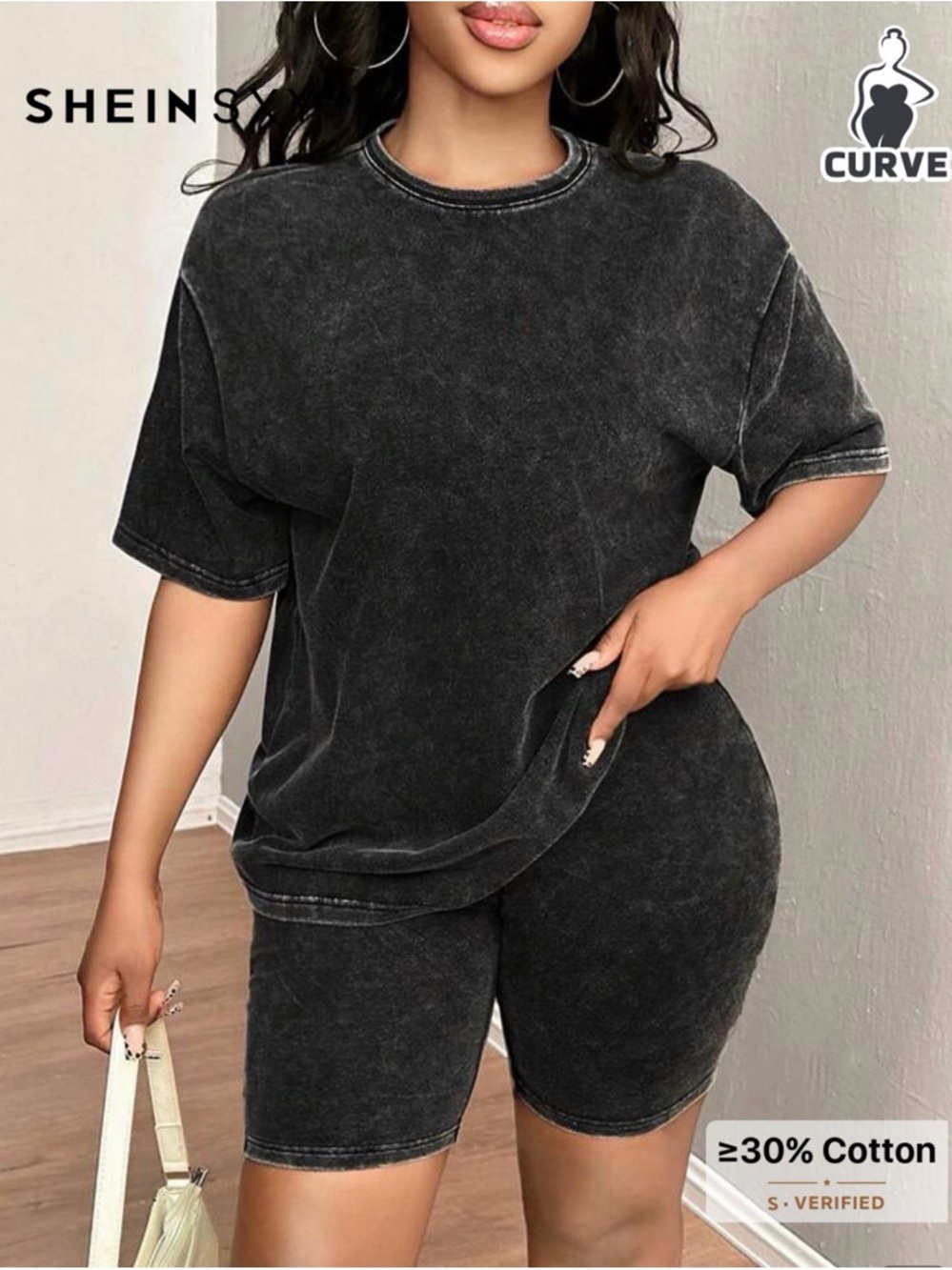 SHEIN Black Washed Short Sleeve Tee & Elastic Waist Shorts Set